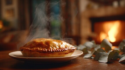 tremble. Golden-crusted meat pie steaming on ceramic plate with eucalyptus leaves, perfect for food branding and culinary content, ideal for chefs and restaurant marketers, versatile for. designed.