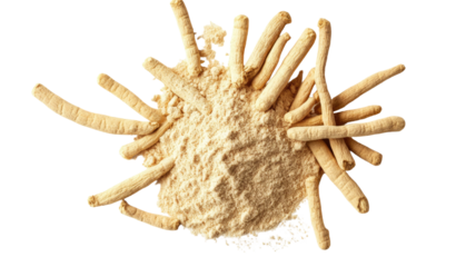 Pile of ashwagandha powder with fine herbal texture natural ground root supplement ingredient ayurvedic wellness product isolated on white background