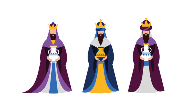 Three wise men holding gifts for baby Jesus, a vibrant and colorful modern illustration for Christian Christmas celebrations and Epiphany