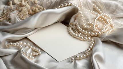Elegant Greeting Card Resting on Soft Silk Fabric Surrounded by Pearls and Delicate Flowers