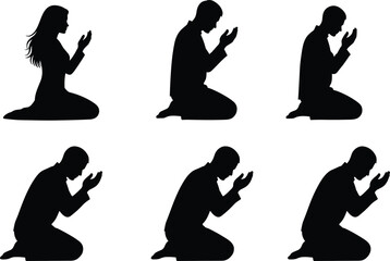 Praying people silhouettes set, men and women kneeling in prayer, devotion, spirituality, religion, faith, worship, contemplation, peace, serenity, black, vector, illustration, graphic, solemn.