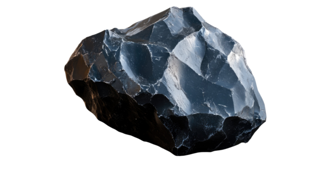 Piece of coal with natural rough texture mineral fragment detail dark carbon rock element closeup isolated on white background