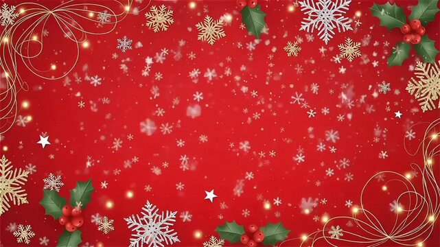 Festive Red Background With Snowflakes, Holly Berries, And Gold Swirls For Christmas