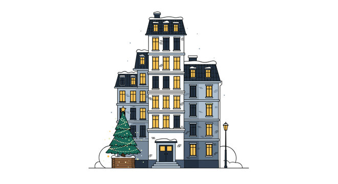 Charming winter cityscape with a festive Christmas tree, bringing holiday cheer and cozy vibes to any project or design with its whimsical style