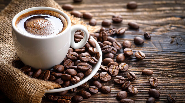 Steaming Coffee Cup with Roasted Beans on Wood