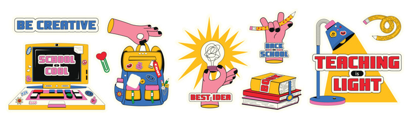 Education graphic computer backpack lightbulb pencil lamp books all with cartoonish outlines pastel colors and bold labels