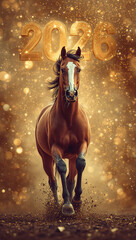 走る馬とゴールドグラデーション背景が2026年の幸せな新年を華やかに彩るビジネス向け縦画像. 生成AI