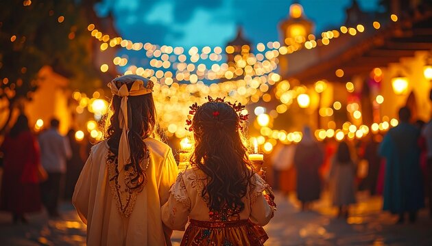 Spiritual scene: The holy family representation leads a religious procession down a glowing, historical street during the nine-day ritual of Las Posadas.