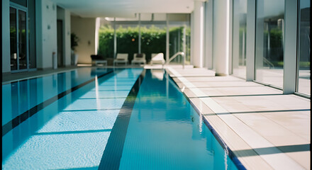Fototapeta premium Indoor swimming pool with a modern design and natural light.