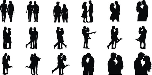 Romantic couple silhouettes set, various poses, love, affection, relationship, romance, intimate, embrace, kiss, walking, dancing, black, vector, illustration, graphic, dynamic.