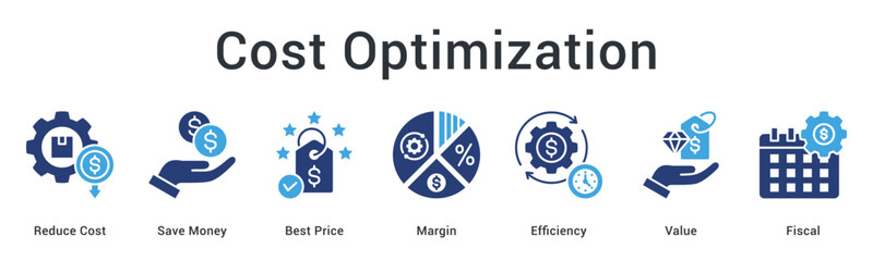 Cost optimization banner web icon featuring strategies for reducing expenses and maximizing profit margins efficiently.