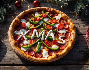 Unique Christmas Themed Pizza with Topping Text for Seasonal Menu