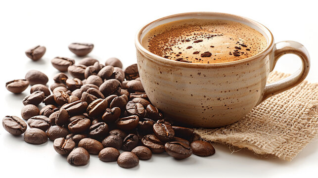 Coffee Cup with Roasted Beans on Rustic Wooden Table
