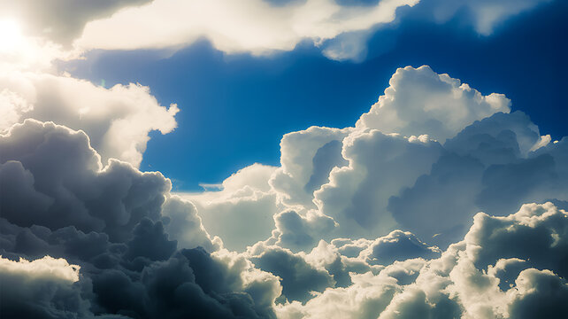 Dramatic cumulus clouds illuminated by sunlight against a bright blue sky graphic - Powered by Adobe