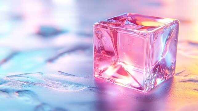 Pink ice cube on a frosted surface