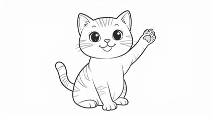 Obraz premium Basic line art of a playful cat waving its paw, black and white, bold lines.