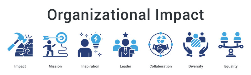 Organizational impact banner web icon demonstrating mission and inspiration through leadership, collaboration, diversity, and equality.