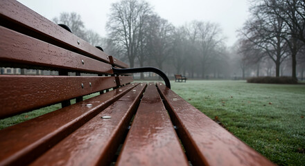 Wooden bench in a park on a foggy day.