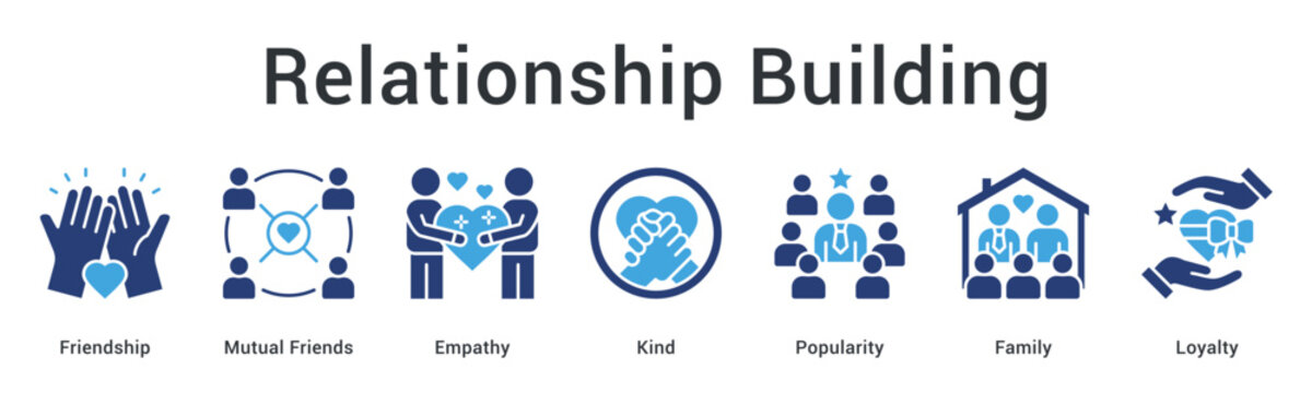 Relationship building banner web icon nurturing friendship and empathy with kindness, creating family loyalty and popularity.
