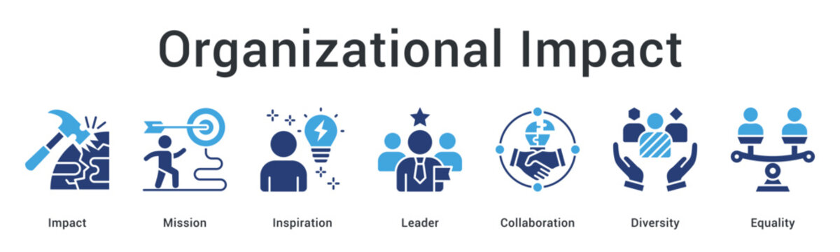 Organizational impact banner web icon demonstrating mission and inspiration through leadership, collaboration, diversity, and equality.