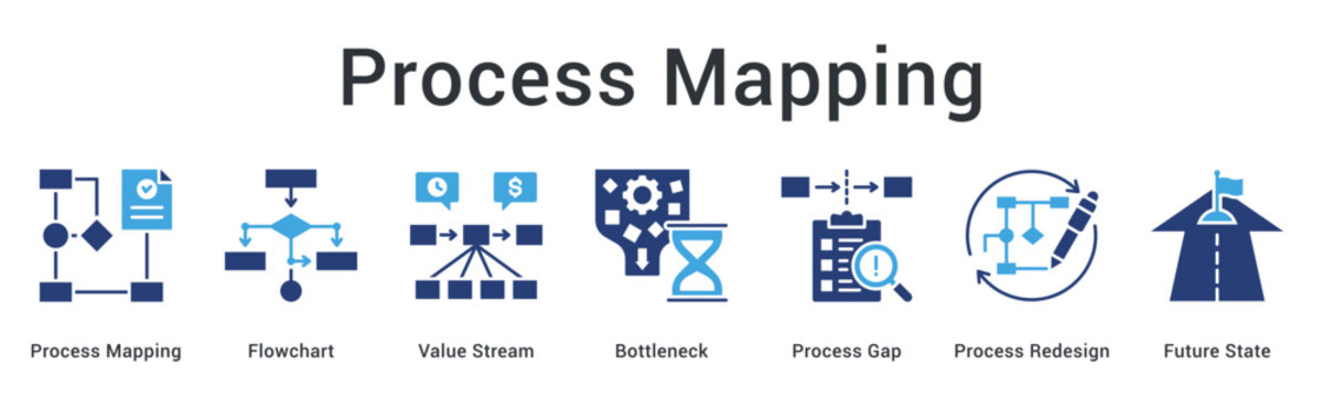 Process Mapping banner web icon visualizes workflow through flowcharts identifying bottlenecks and gaps for redesign.