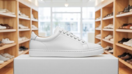Timeless Footwear in Retail Display: A sleek, pristine white sneaker stands proudly on a pedestal within a modern retail setting, inviting customers to explore a world of fashionable footwear.