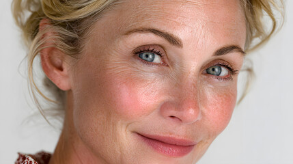 Beautiful gorgeous 50s mid aged mature woman looking at camera isolated on white. Mature old lady close up portrait. Healthy face skin care beauty, middle age skincare cosmetics, cosmetology concept