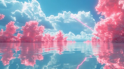 Naklejka premium Pink, pastel clouds reflect in still water