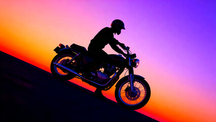 Silhouette of a motorcyclist riding a classic motorcycle against a vibrant sunset sky with orange purple and pink hues creating a dynamic and adventurous scene perfect for travel and freedom