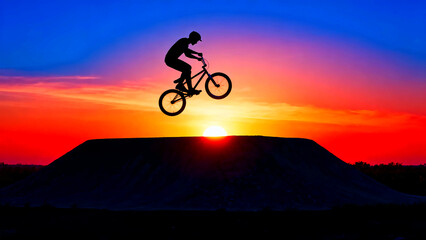 Obraz premium Silhouette of a bmx rider performing a jump against a vibrant sunset sky with orange red and blue hues showcasing extreme sports action and the beauty of nature in an outdoor setting at dusk