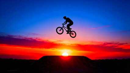 Silhouette of a bmx rider performing a jump against a vibrant sunset sky with red orange and blue hues showcasing extreme sports action and outdoor lifestyle photography at golden hour