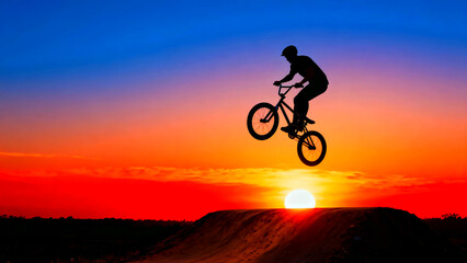 Obraz premium Silhouette of a bmx rider performing a jump against a vibrant sunset sky with orange and blue hues showcasing extreme sports action and outdoor lifestyle at dusk with a focus on freedom and adventure