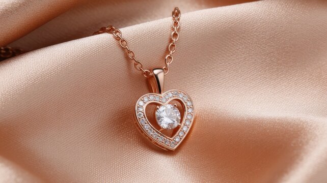Heart Pendant: A close-up shot of a heart-shaped pendant, gleaming with intricate details, set against a backdrop of soft, flowing fabric. A symbol of romance.