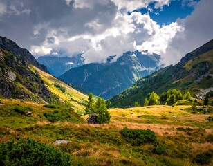 Fototapeta premium Scenic vista of a lush valley nestled between towering mountains, bathed in sunlight and clouds