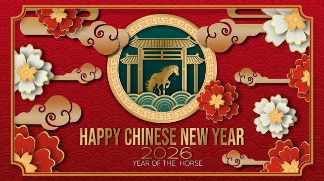 4K looping video themed Chinese New Year 2026, featuring a golden horse inside a circular frame with a traditional Chinese gate, clouds, and flowers on a red patterned background. Ideal for greetings.
