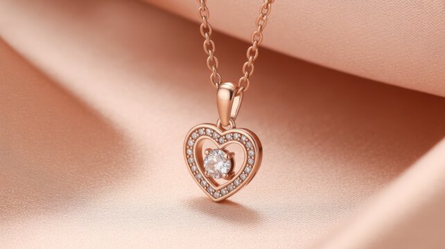 Exquisite Heart Pendant: A close-up shot of a delicate golden necklace, featuring a heart-shaped pendant studded with shimmering gemstones, rests gently upon a soft, textured fabric. 
