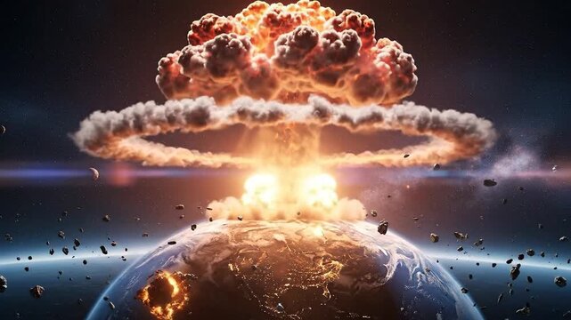 Massive Nuclear Explosion Over Planet Earth In Space With Asteroids Flying Around And City Lights Visible Below Showing Global Catastrophe And Destruction Concept