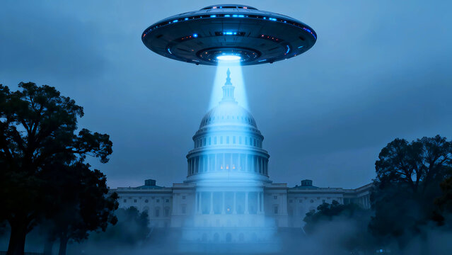 Ufo hovers over the United States Capitol Building casting a bright beam of light in a dramatic scene with trees and fog adding to the mystery and intrigue of an alien encounter
