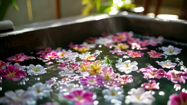 Relaxing spa therapy with water and colorful flowers floating gently in a bowl offering