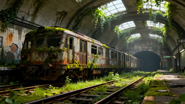 Abandoned train overgrown with moss and vegetation sits in a decaying subway station with natural light streaming through the ceiling creating a postapocalyptic scene of urban exploration and decay