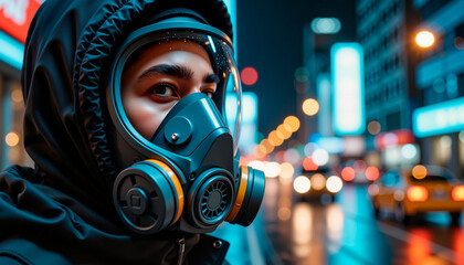 Man wearing futuristic breathing mask in urban rain, cyberpunk mood