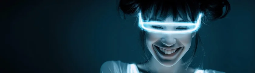 A smiling woman wearing futuristic blue glowing eyewear, set against a dark background, exudes a sense of joy and technology, Christmas hologram with AI © NingPhattraphorn