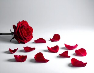 Fototapeta premium A vibrant red rose with scattered petals lies against a clean, white background.