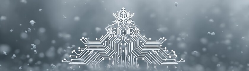 A digital art piece featuring circuit patterns resembling a snowflake against a snowy background, merging technology and winter aesthetics, Christmas hologram with AI