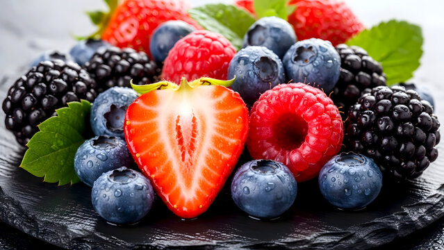 Assorted fresh berries strawberries blueberries raspberries and blackberries on slate - Powered by Adobe