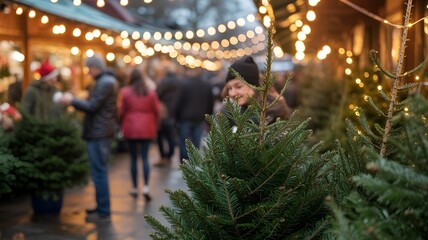 Obraz premium Christmas tree shopping at the market, festive season.
