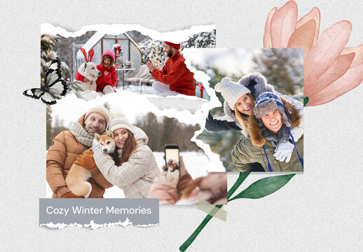 Cozy Winter Memories Photo Collage Moodboard Mockup Template for Holiday Photography