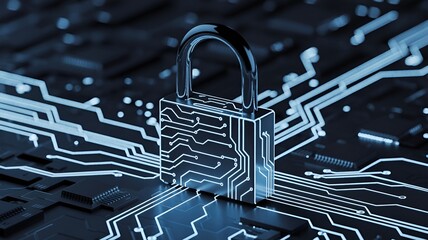 Digital padlock on circuit board, symbolizing network security.