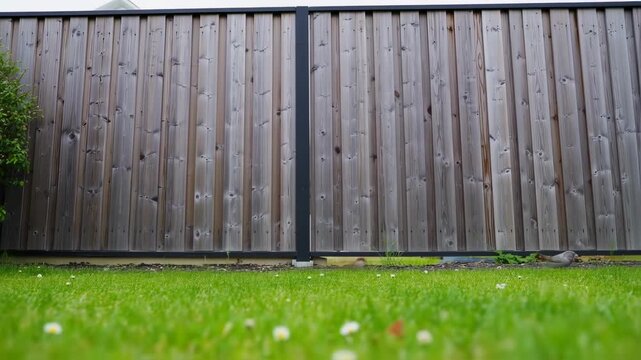 Captivating garden scene with a wooden fence backdrop and vibrant green grass expanse
