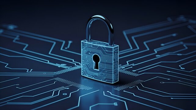 A digitally rendered padlock superimposed on a circuit board, symbolizing security.